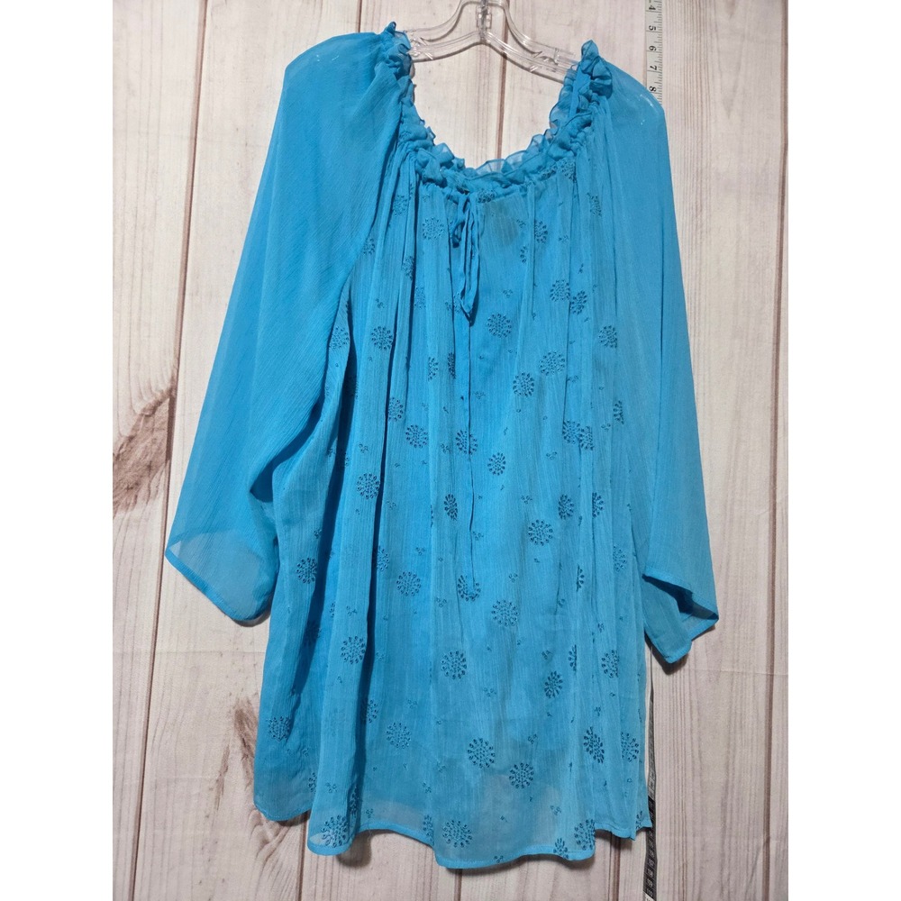 Ladies 3x Turquoise Peasant Blouse Embroidered Sheer Boho Top
